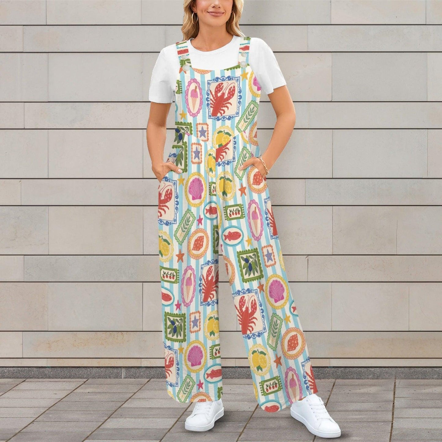 Seafood Stamp Overalls, Colorful Coastal Jumpsuit for Women, Lobster Shell Lemon Vacation Romper, Summer Market Jumpsuit