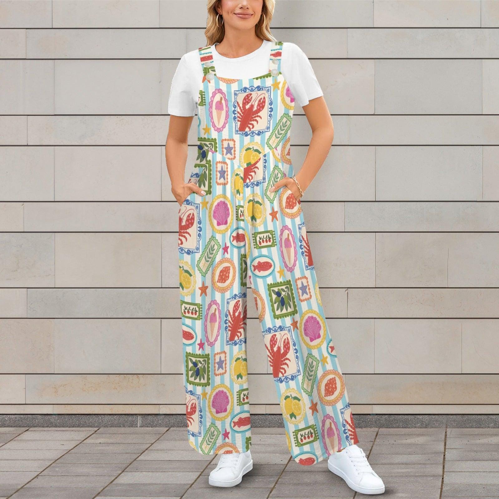 Seafood Stamp Overalls, Colorful Coastal Jumpsuit for Women, Lobster Shell Lemon Vacation Romper, Summer Market Jumpsuit