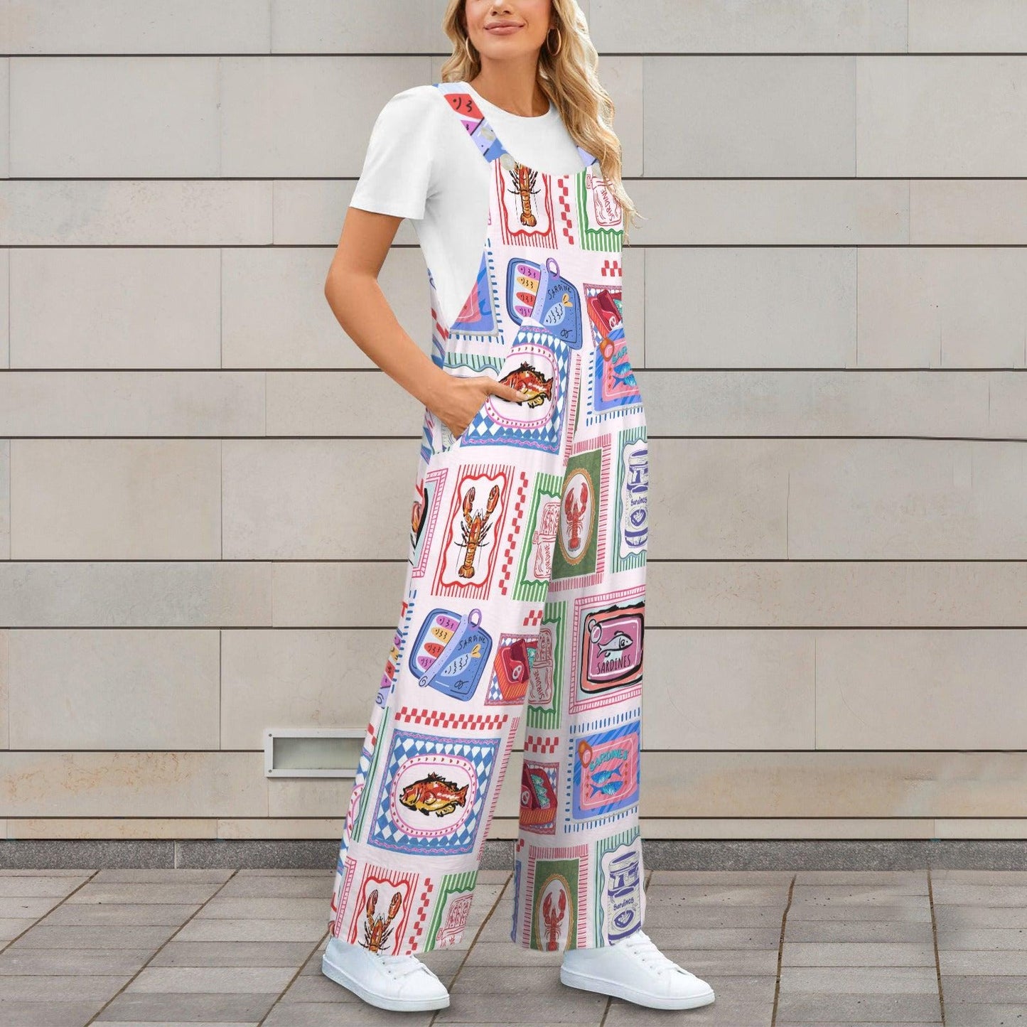 Sardine Tin Jumpsuit, Retro Seafood Overall Romper for Women, Lobster Fish Print Wide Leg Overalls, Maximalist Coastal Clothing