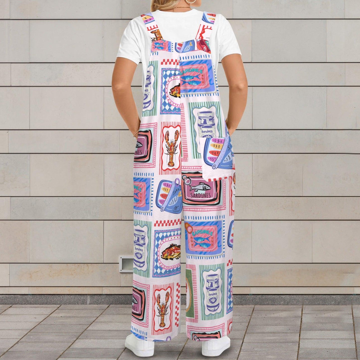 Sardine Tin Jumpsuit, Retro Seafood Overall Romper for Women, Lobster Fish Print Wide Leg Overalls, Maximalist Coastal Clothing