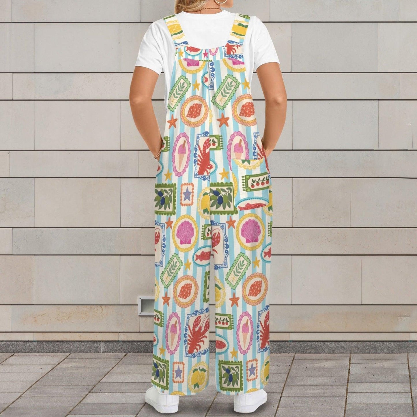 Seafood Stamp Overalls, Colorful Coastal Jumpsuit for Women, Lobster Shell Lemon Vacation Romper, Summer Market Jumpsuit