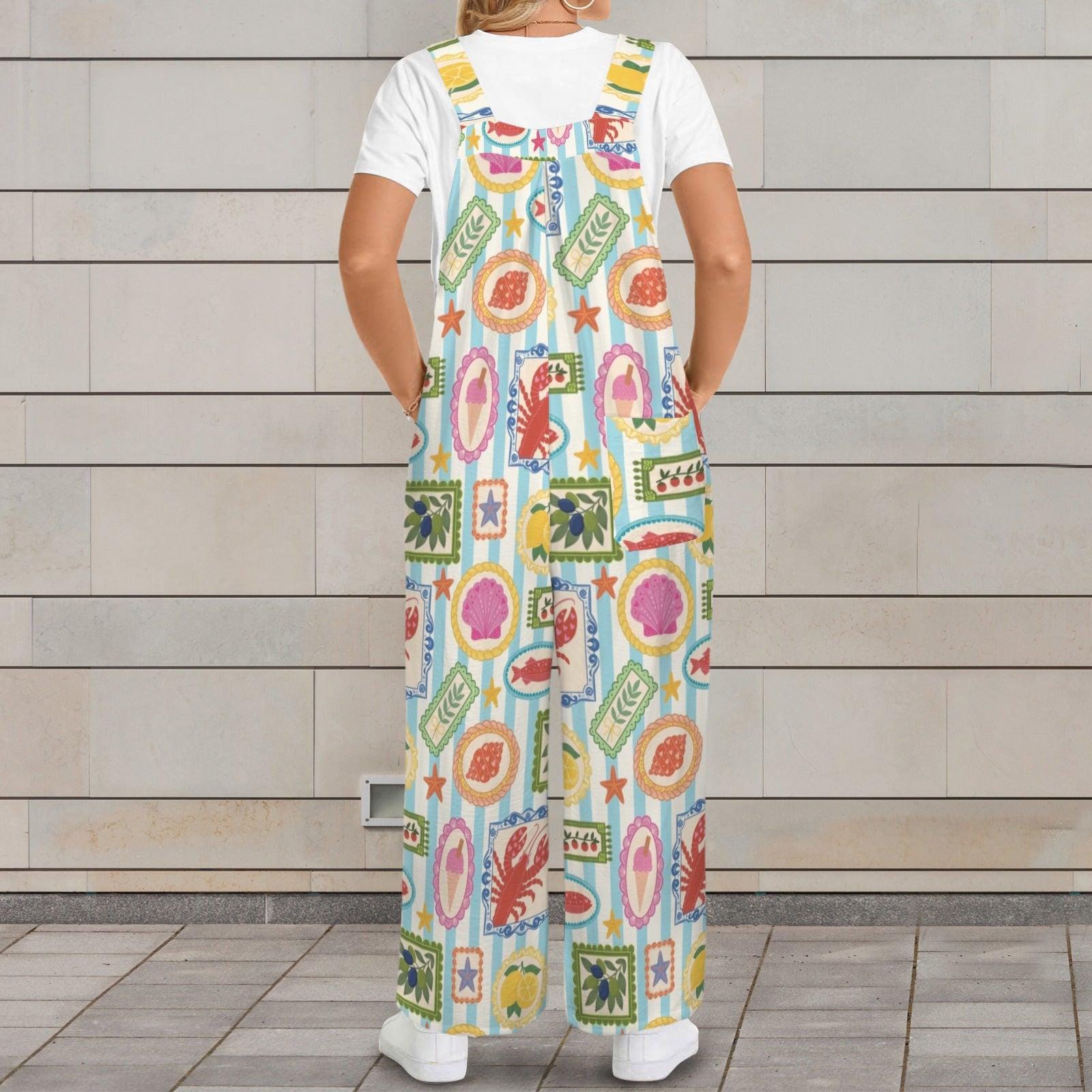 Seafood Stamp Overalls, Colorful Coastal Jumpsuit for Women, Lobster Shell Lemon Vacation Romper, Summer Market Jumpsuit