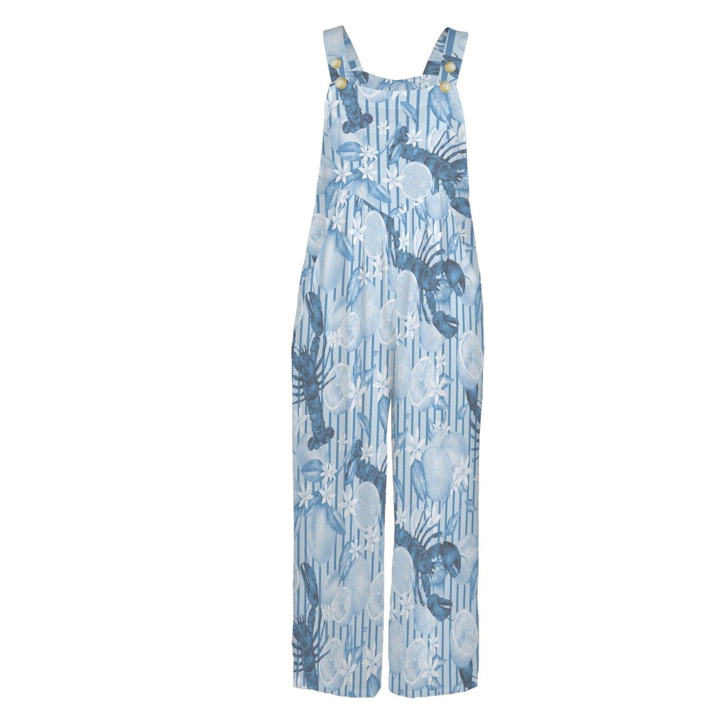 Lobster Jumpsuit Women Blue Citrus Print Overall, Nautical Summer Romper, Coastal Foodie Vacation Jumpsuit with Pockets