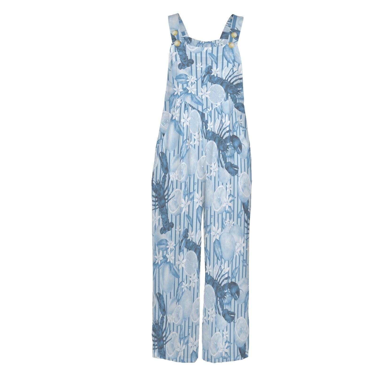 Lobster Jumpsuit Women Blue Citrus Print Overall, Nautical Summer Romper, Coastal Foodie Vacation Jumpsuit with Pockets