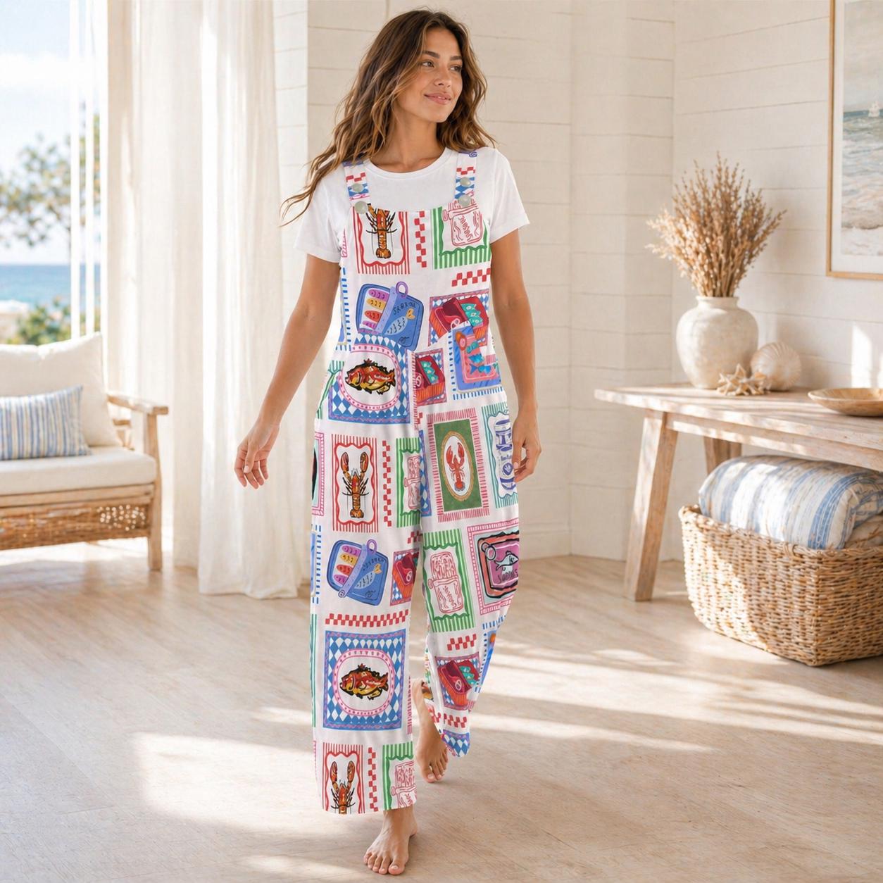 Sardine Tin Jumpsuit, Retro Seafood Overall Romper for Women, Lobster Fish Print Wide Leg Overalls, Maximalist Coastal Clothing