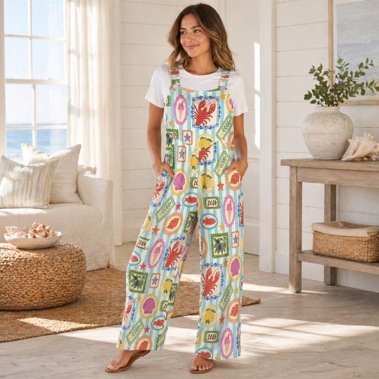 Seafood Stamp Overalls, Colorful Coastal Jumpsuit for Women, Lobster Shell Lemon Vacation Romper, Summer Market Jumpsuit