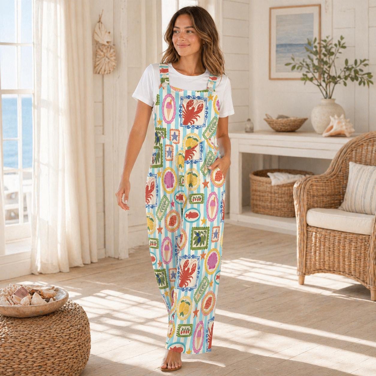 Seafood Stamp Overalls, Colorful Coastal Jumpsuit for Women, Lobster Shell Lemon Vacation Romper, Summer Market Jumpsuit