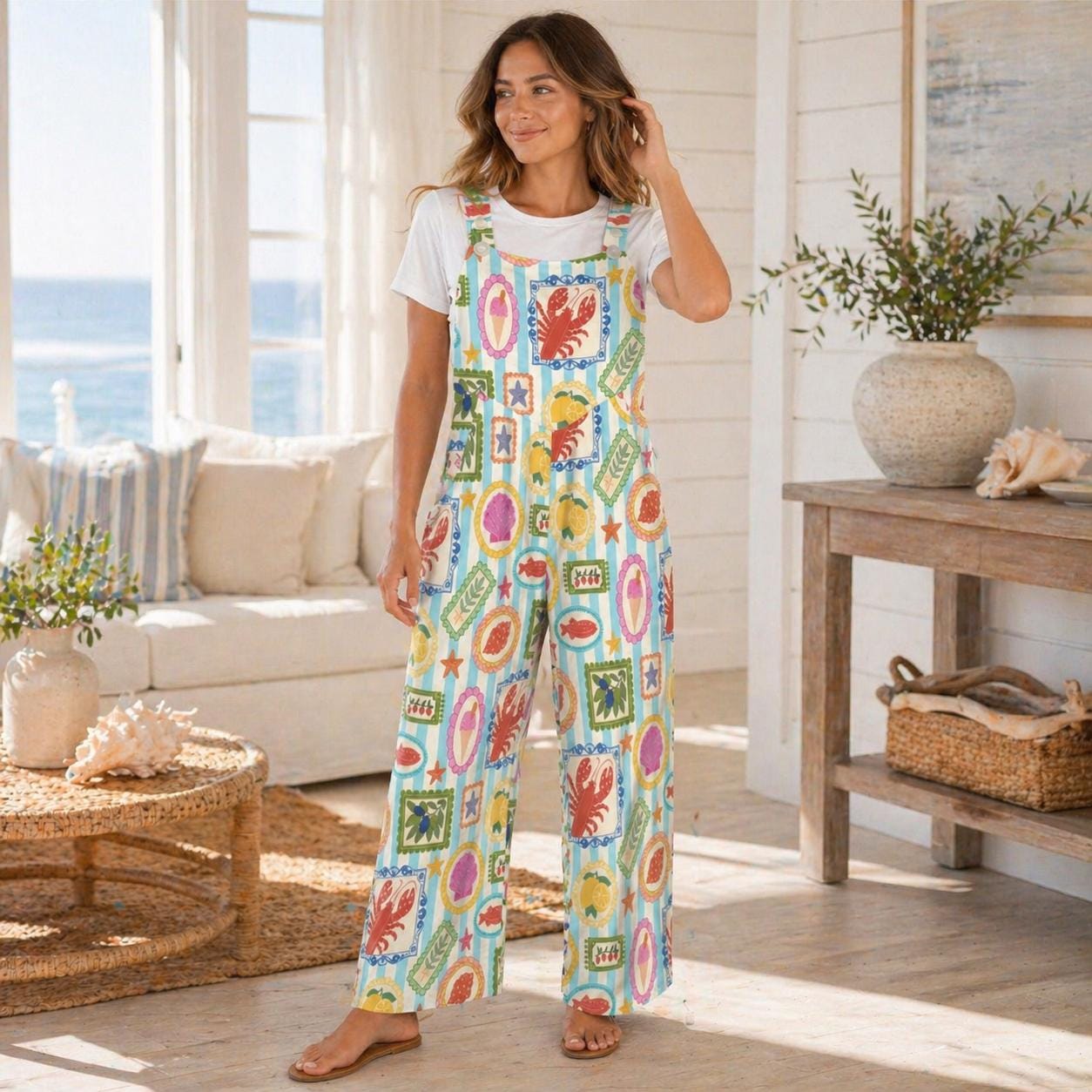 Seafood Stamp Overalls, Colorful Coastal Jumpsuit for Women, Lobster Shell Lemon Vacation Romper, Summer Market Jumpsuit