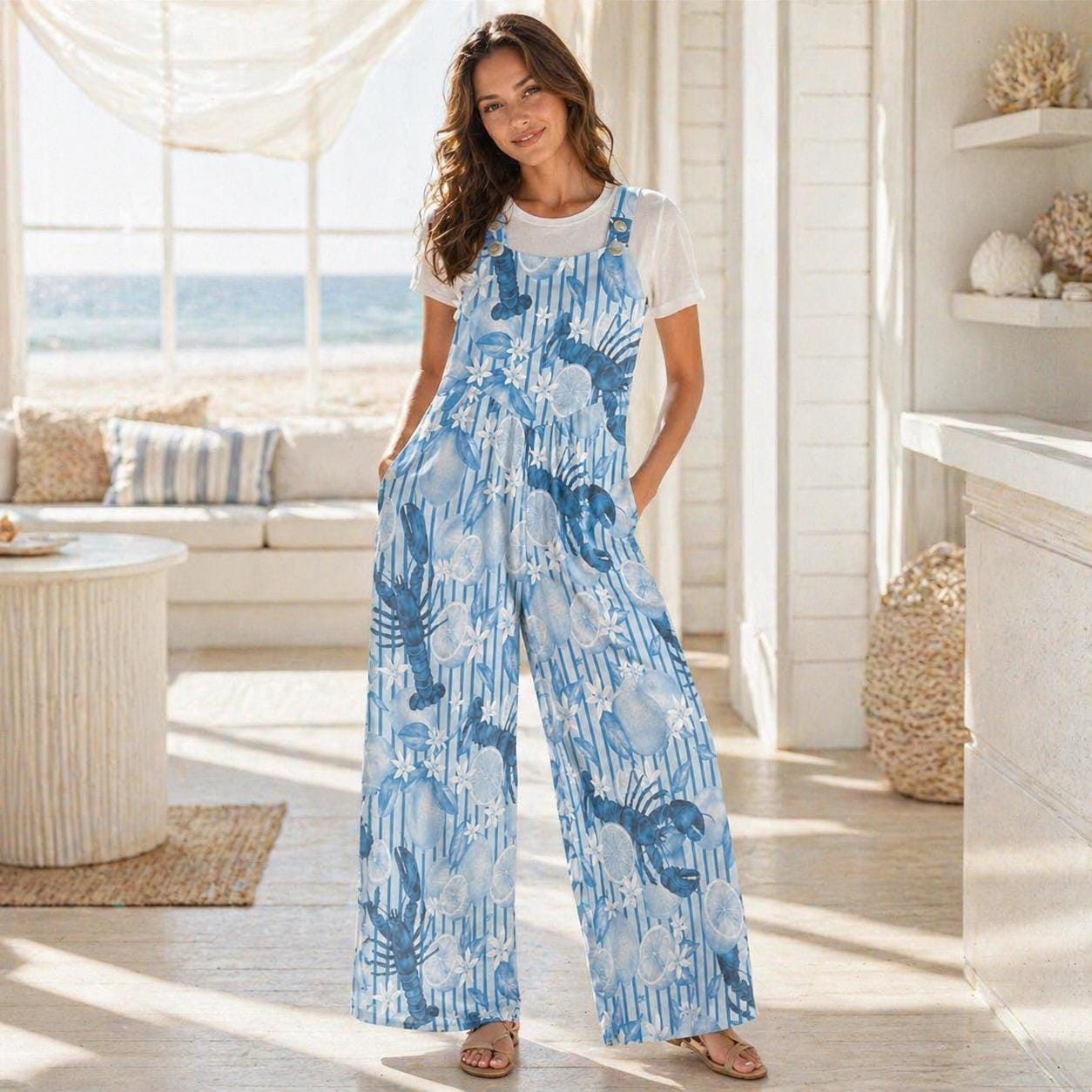 Lobster Jumpsuit Women Blue Citrus Print Overall, Nautical Summer Romper, Coastal Foodie Vacation Jumpsuit with Pockets