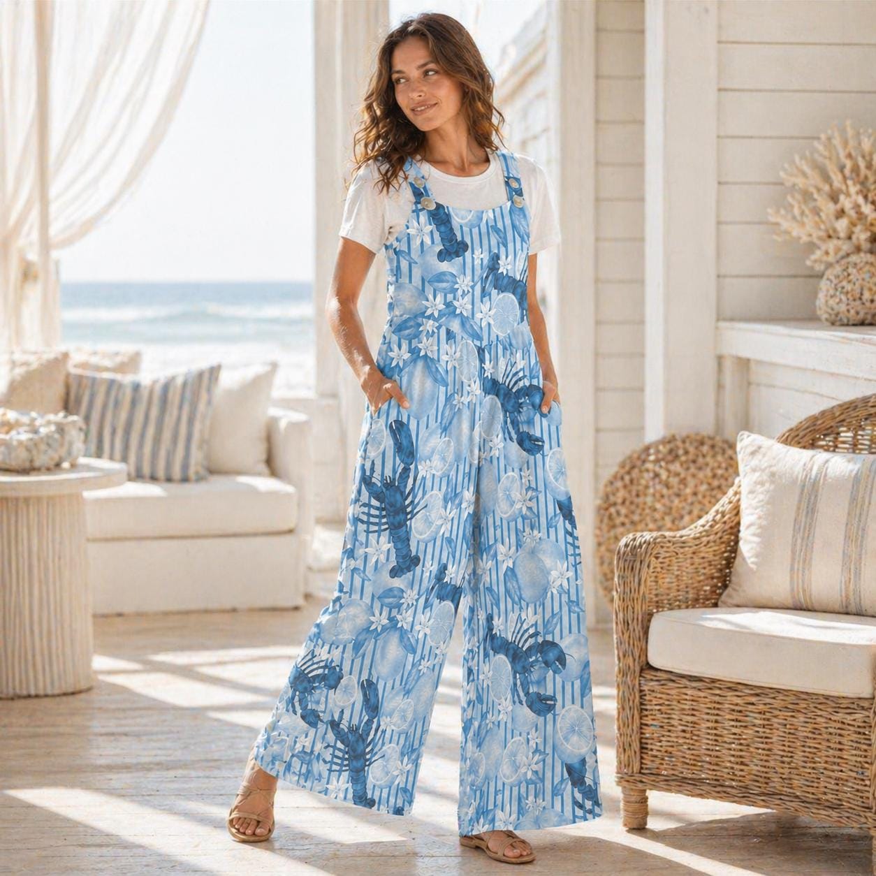 Lobster Jumpsuit Women Blue Citrus Print Overall, Nautical Summer Romper, Coastal Foodie Vacation Jumpsuit with Pockets