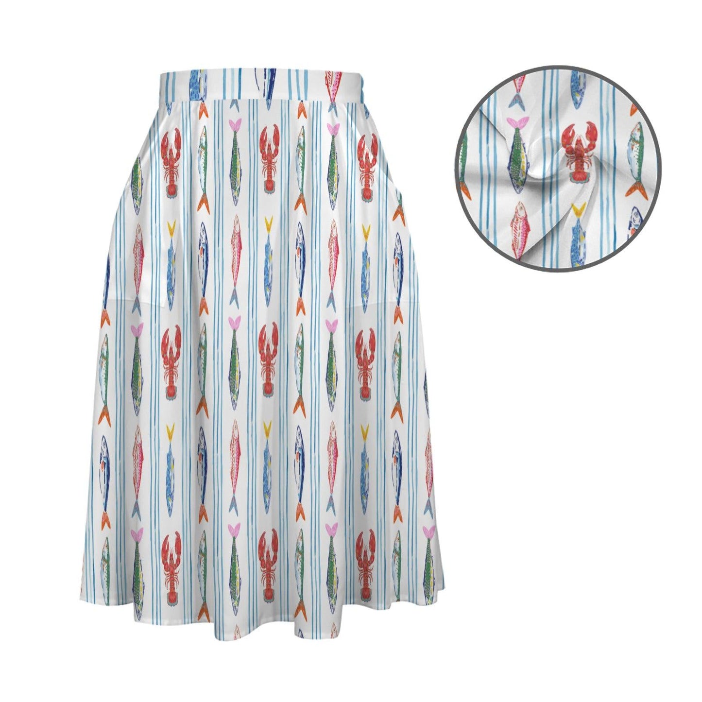 Nautical Lobster Fish Midi Skirt, Seafood Print A-Line, Coastal Summer Seaside Outfits