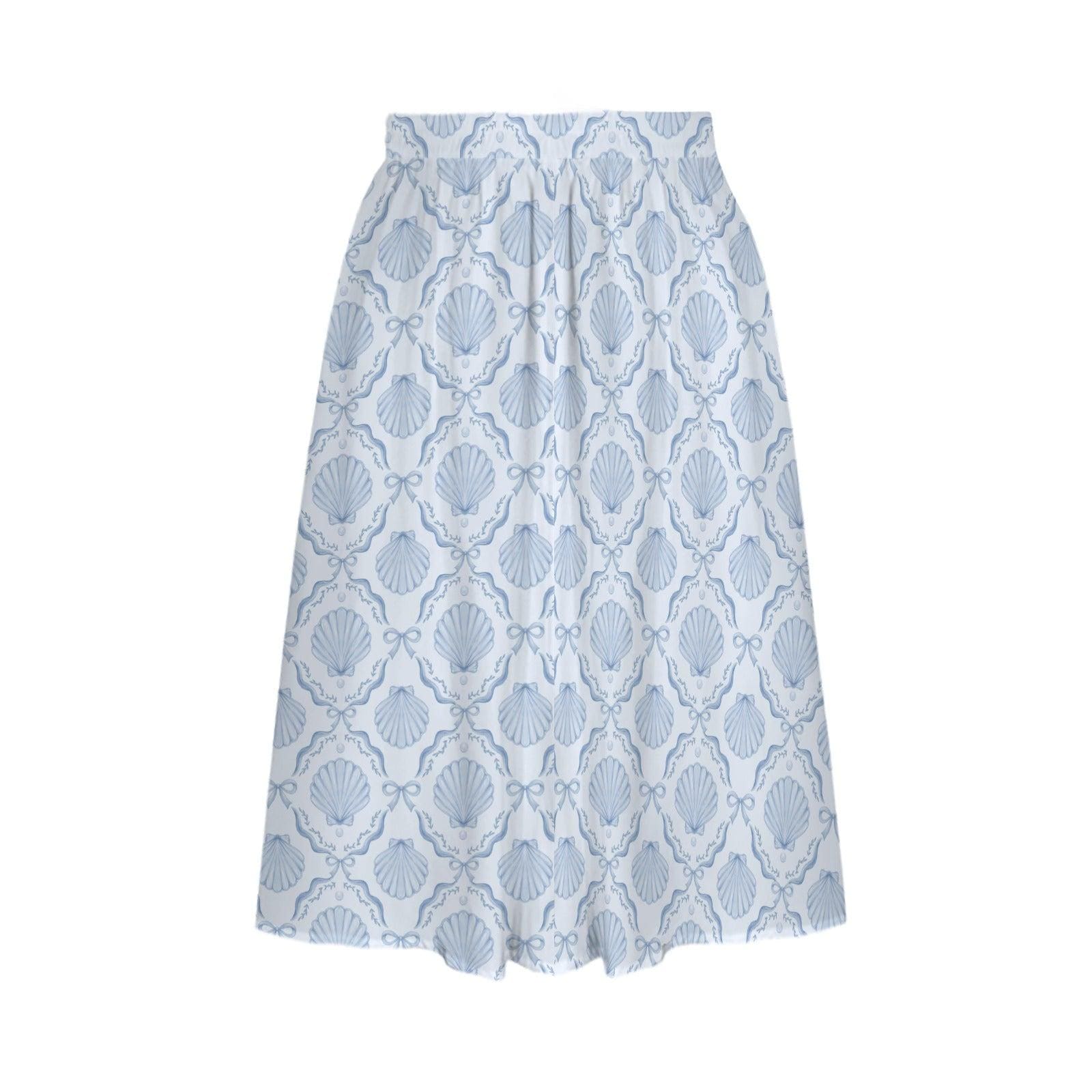 Coastal Seashell Midi Skirt, Blue Shell Print A Line Skirt with Pockets, Oceancore Summer Skirt for Beach Vacation Outfits