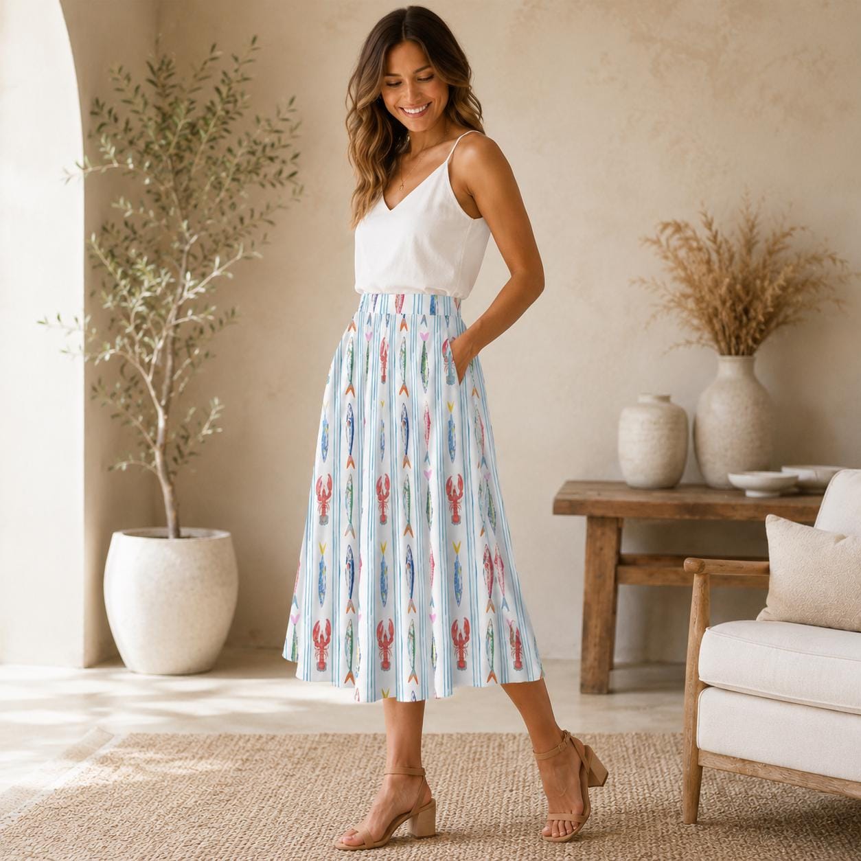 Nautical Lobster Fish Midi Skirt, Seafood Print A-Line, Coastal Summer Seaside Outfits