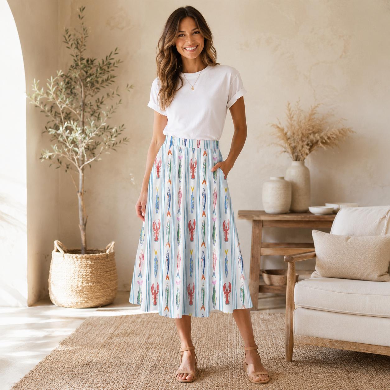 Nautical Lobster Fish Midi Skirt, Seafood Print A-Line, Coastal Summer Seaside Outfits
