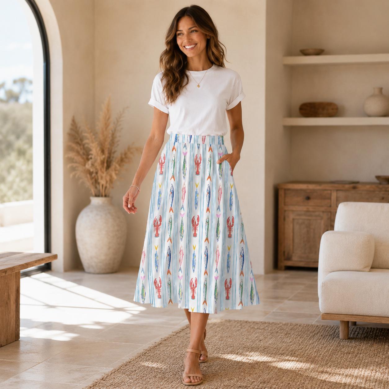 Nautical Lobster Fish Midi Skirt, Seafood Print A-Line, Coastal Summer Seaside Outfits
