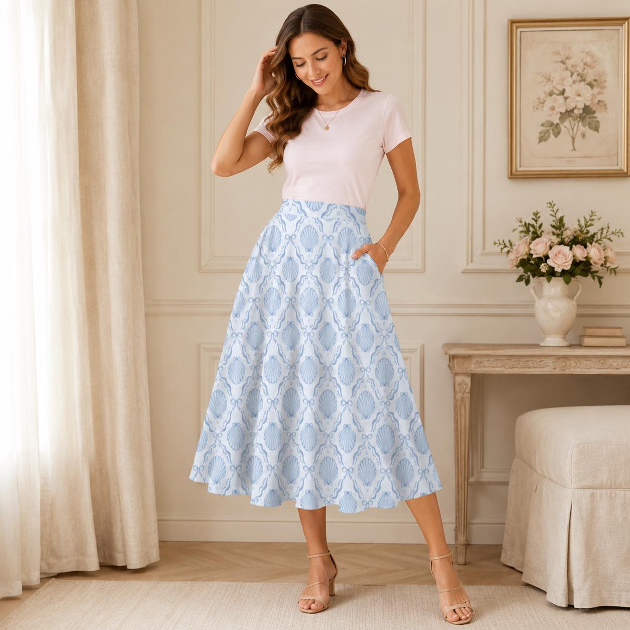 Coastal Seashell Midi Skirt, Blue Shell Print A Line Skirt with Pockets, Oceancore Summer Skirt for Beach Vacation Outfits