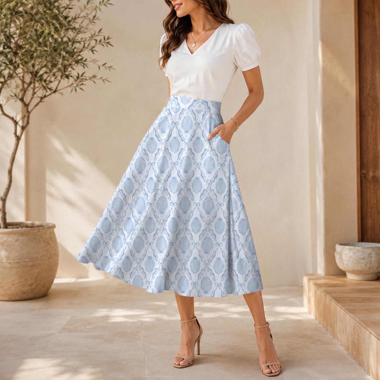 Coastal Seashell Midi Skirt, Blue Shell Print A Line Skirt with Pockets, Oceancore Summer Skirt for Beach Vacation Outfits