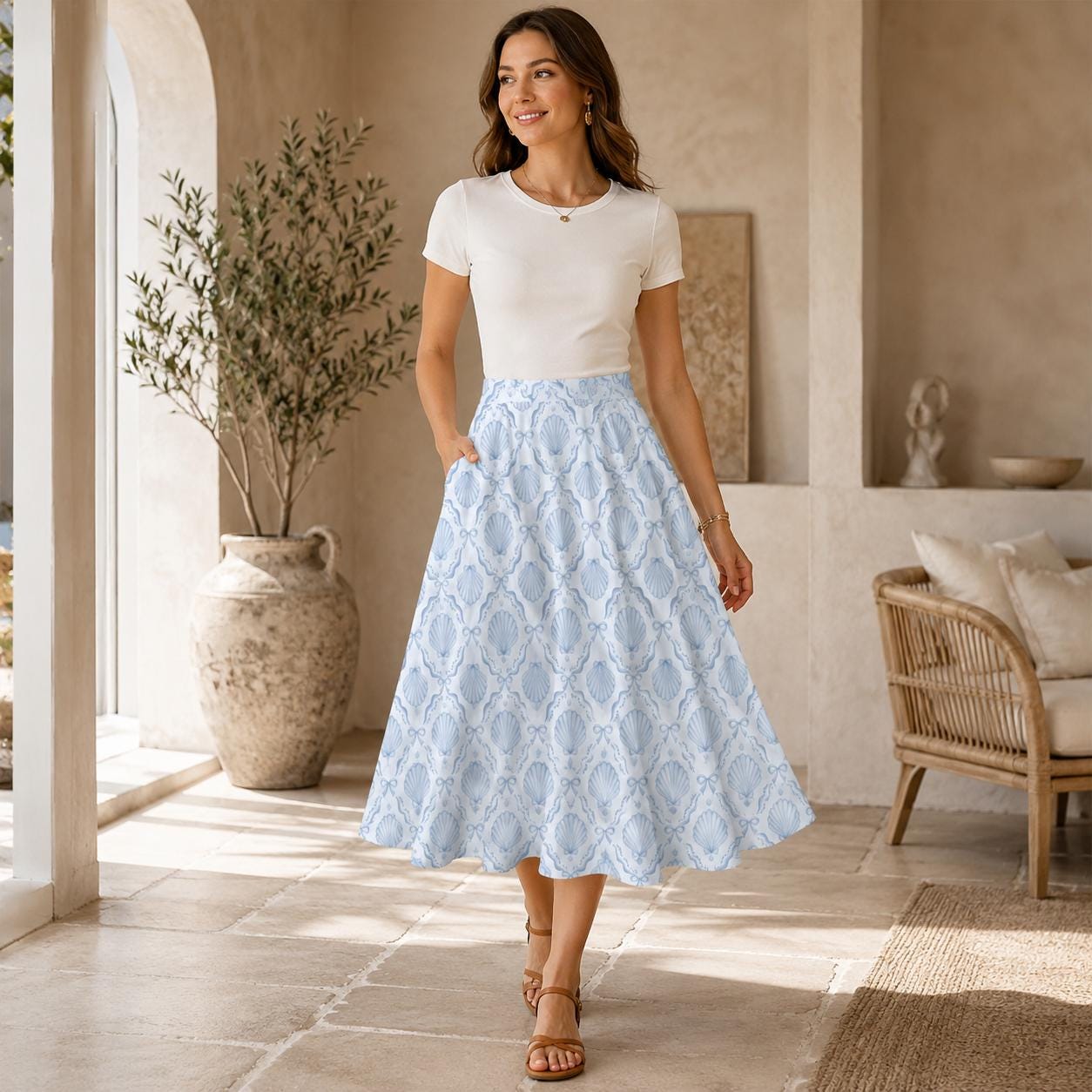 Coastal Seashell Midi Skirt, Blue Shell Print A Line Skirt with Pockets, Oceancore Summer Skirt for Beach Vacation Outfits