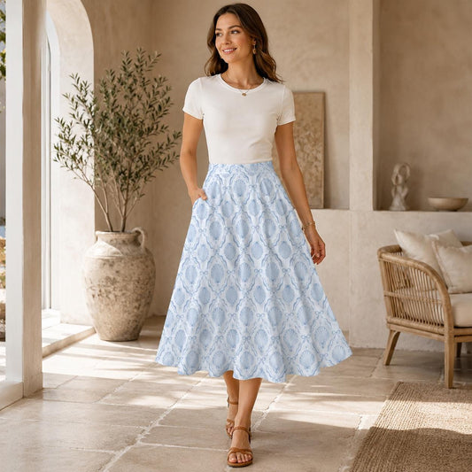 Coastal Seashell Midi Skirt, Blue Shell Print A Line Skirt with Pockets, Oceancore Summer Skirt for Beach Vacation Outfits