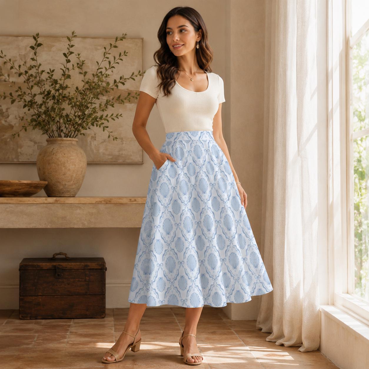 Coastal Seashell Midi Skirt, Blue Shell Print A Line Skirt with Pockets, Oceancore Summer Skirt for Beach Vacation Outfits