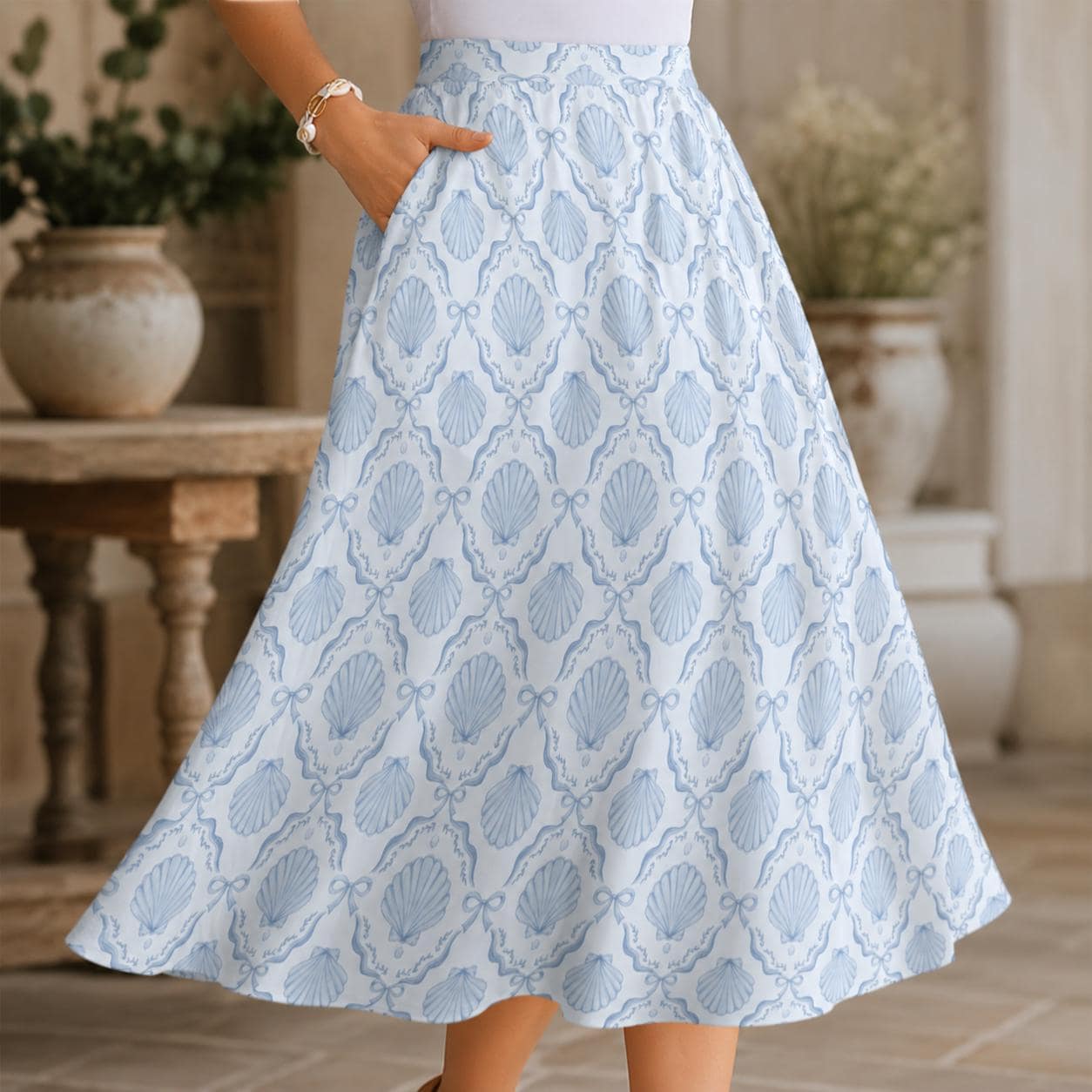 Coastal Seashell Midi Skirt, Blue Shell Print A Line Skirt with Pockets, Oceancore Summer Skirt for Beach Vacation Outfits