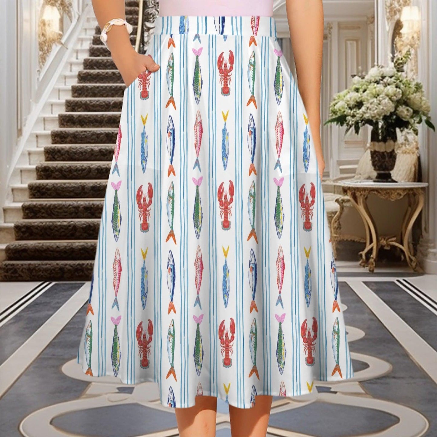 Nautical Lobster Fish Midi Skirt, Seafood Print A-Line, Coastal Summer Seaside Outfits