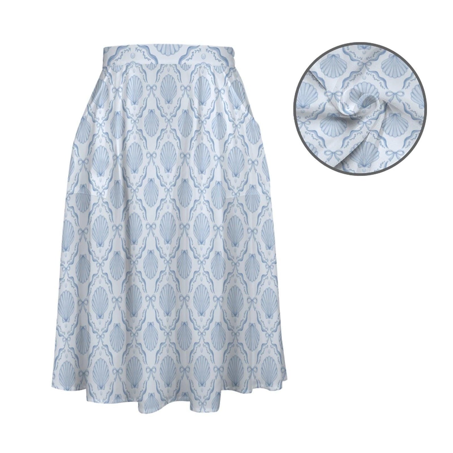 Coastal Seashell Midi Skirt, Blue Shell Print A Line Skirt with Pockets, Oceancore Summer Skirt for Beach Vacation Outfits