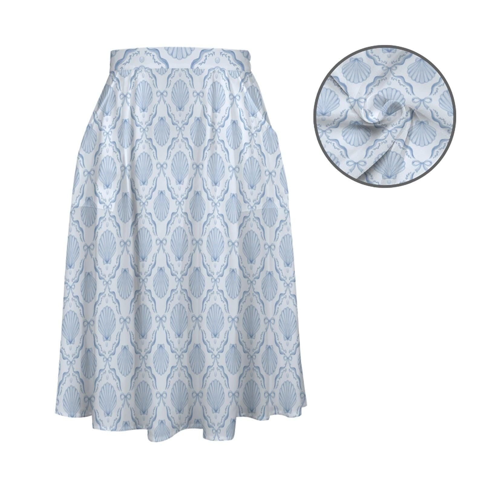 Coastal Seashell Midi Skirt, Blue Shell Print A Line Skirt with Pockets, Oceancore Summer Skirt for Beach Vacation Outfits