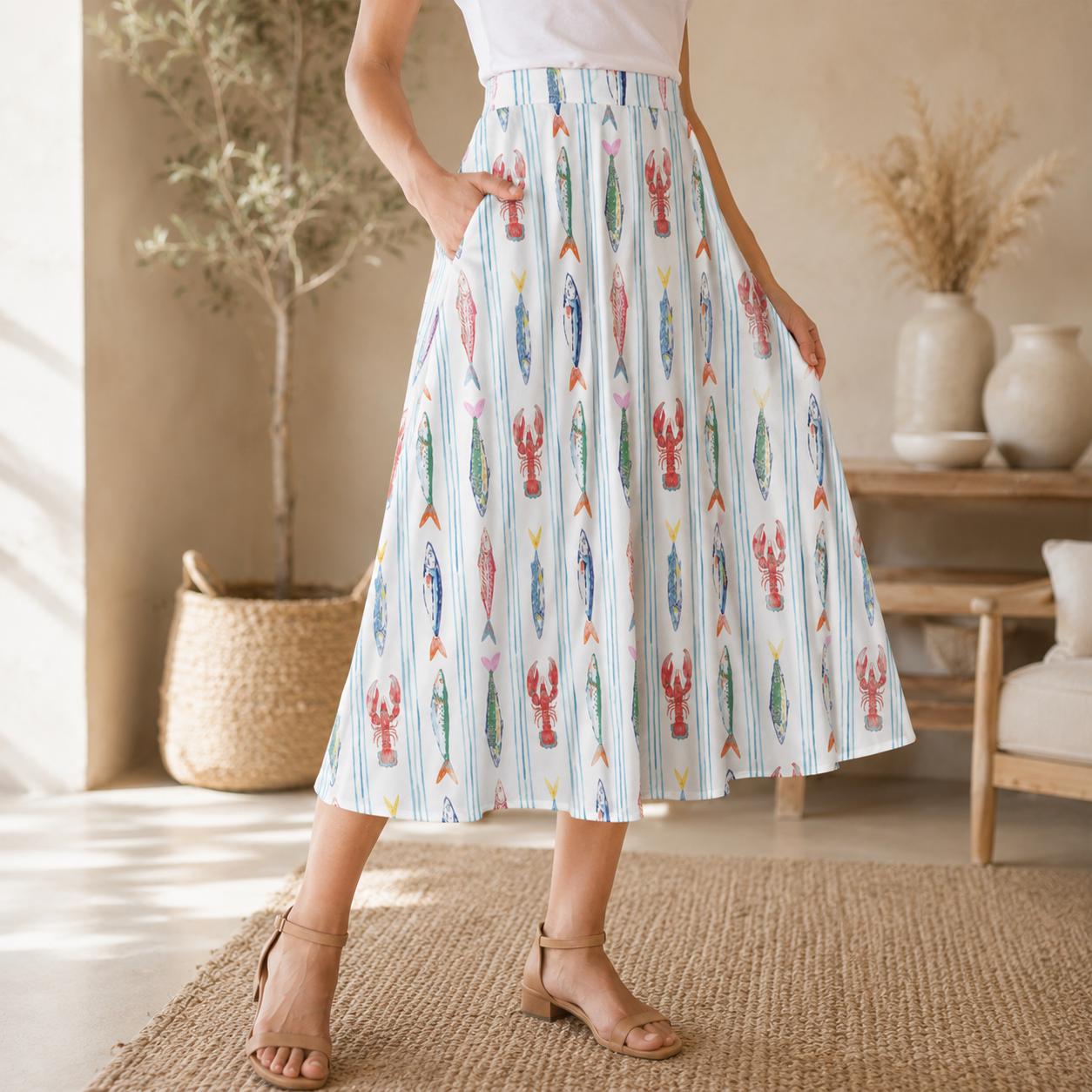Nautical Lobster Fish Midi Skirt, Seafood Print A-Line, Coastal Summer Seaside Outfits
