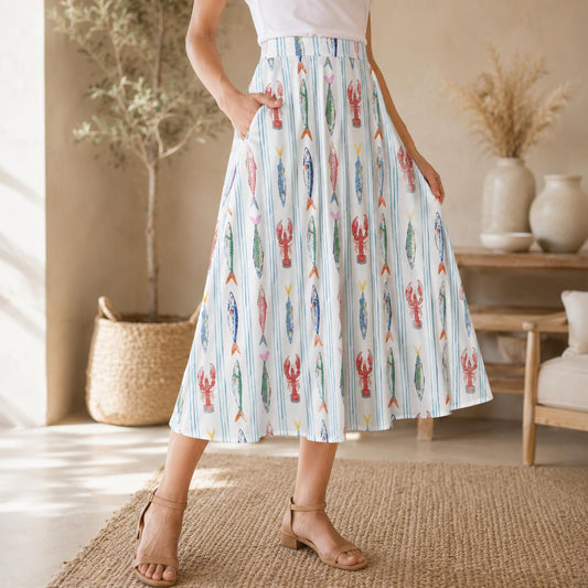 Nautical Lobster Fish Midi Skirt, Seafood Print A-Line, Coastal Summer Seaside Outfits