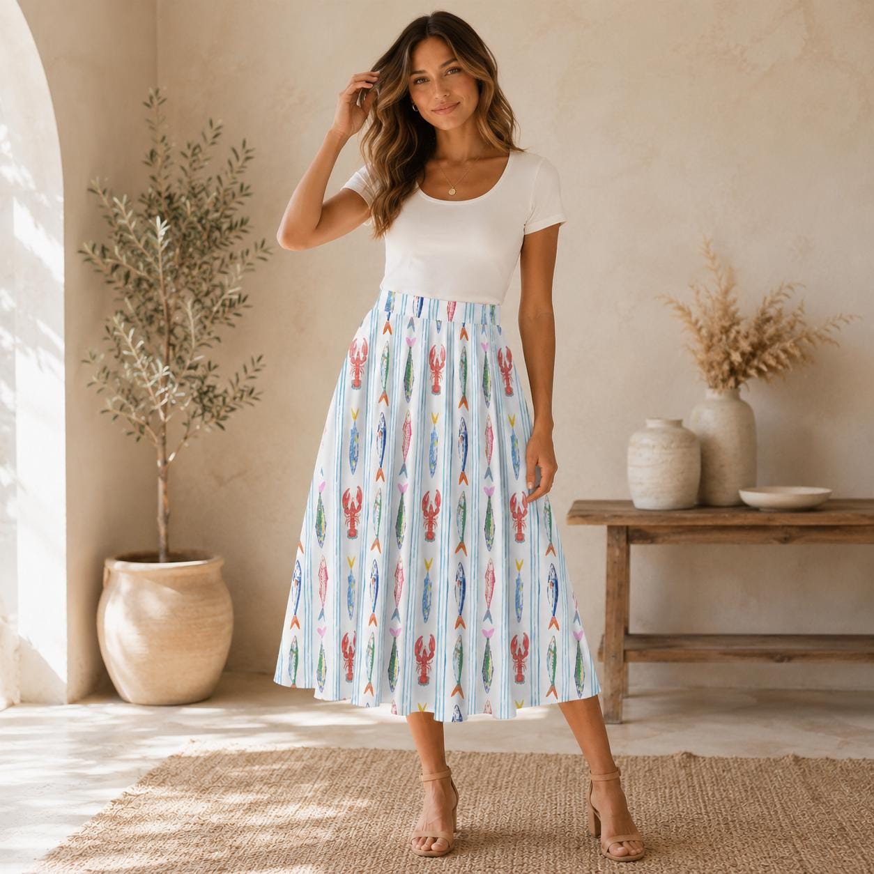 Nautical Lobster Fish Midi Skirt, Seafood Print A-Line, Coastal Summer Seaside Outfits