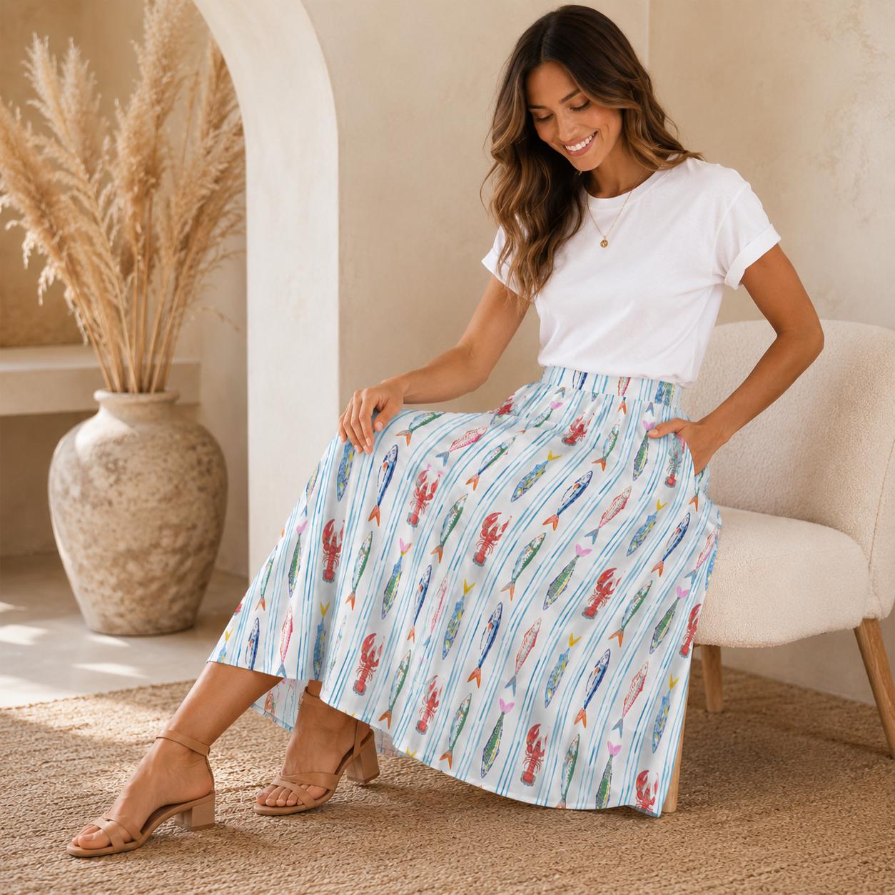 Nautical Lobster Fish Midi Skirt, Seafood Print A-Line, Coastal Summer Seaside Outfits