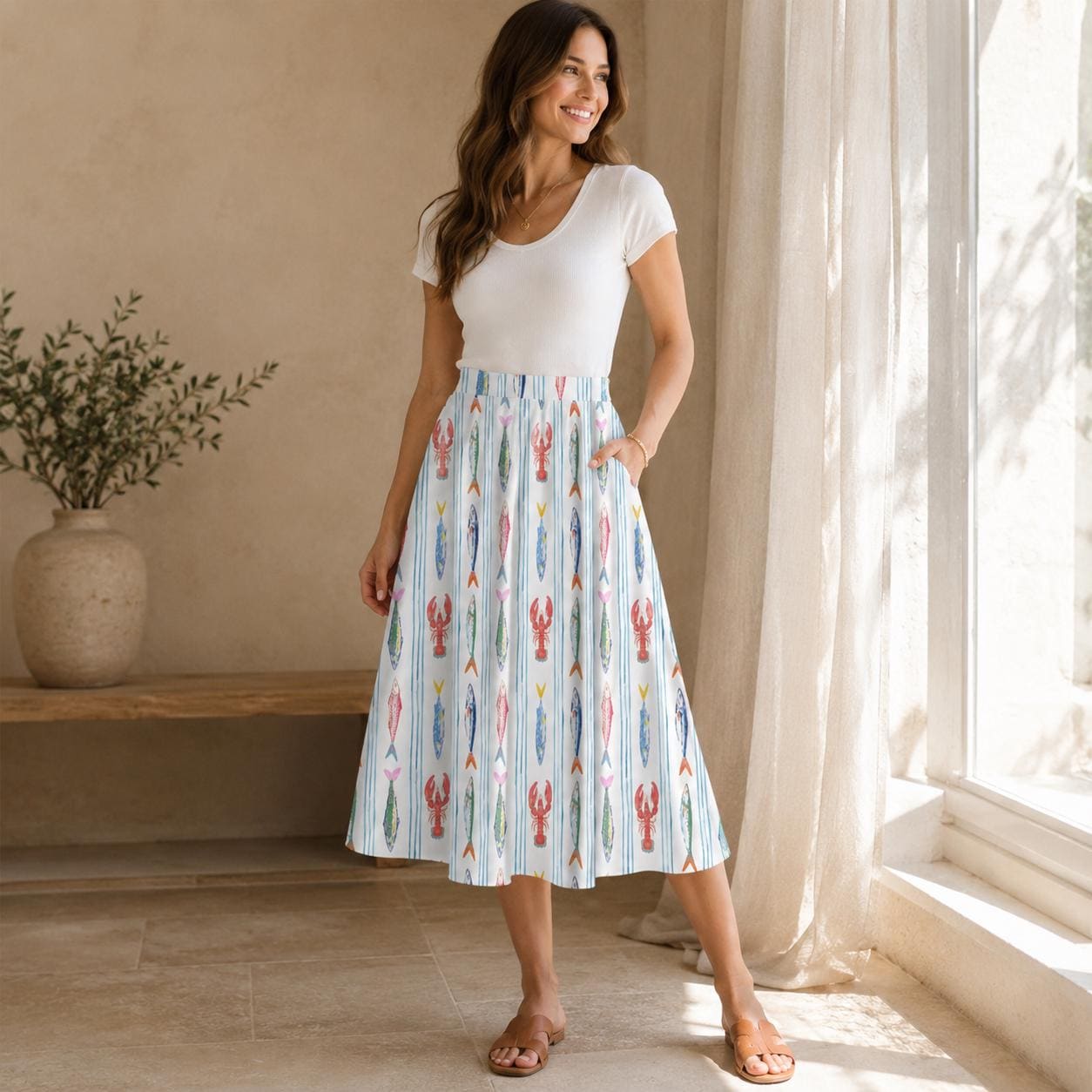 Nautical Lobster Fish Midi Skirt, Seafood Print A-Line, Coastal Summer Seaside Outfits